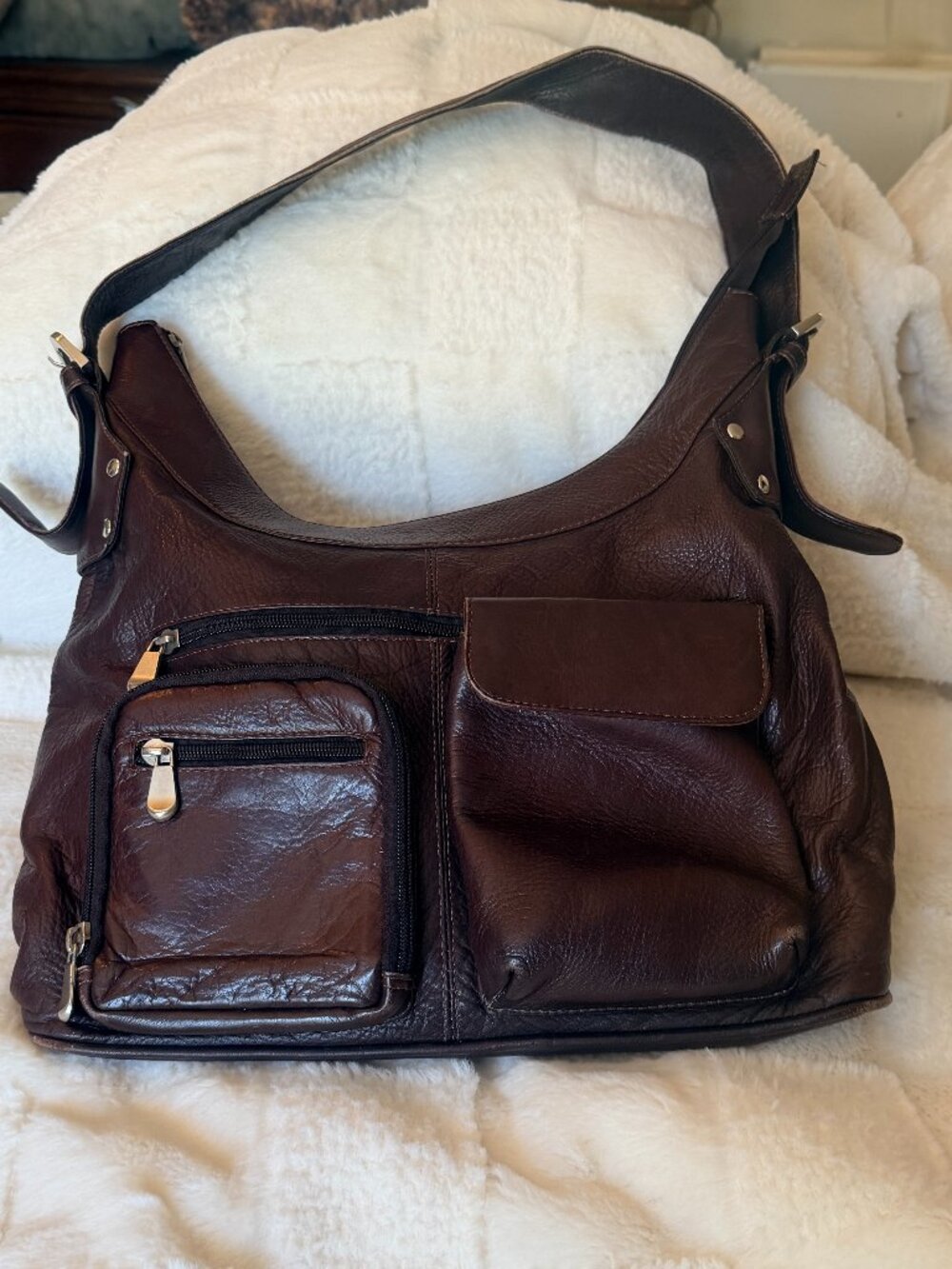 Dianart Genuine Chocolate Leather Large Multi-Pocket Organizer Shoulder Hobo Bag